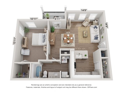 this is a 3d floor plan of a 752 square foot 1 bedroom apartment at the